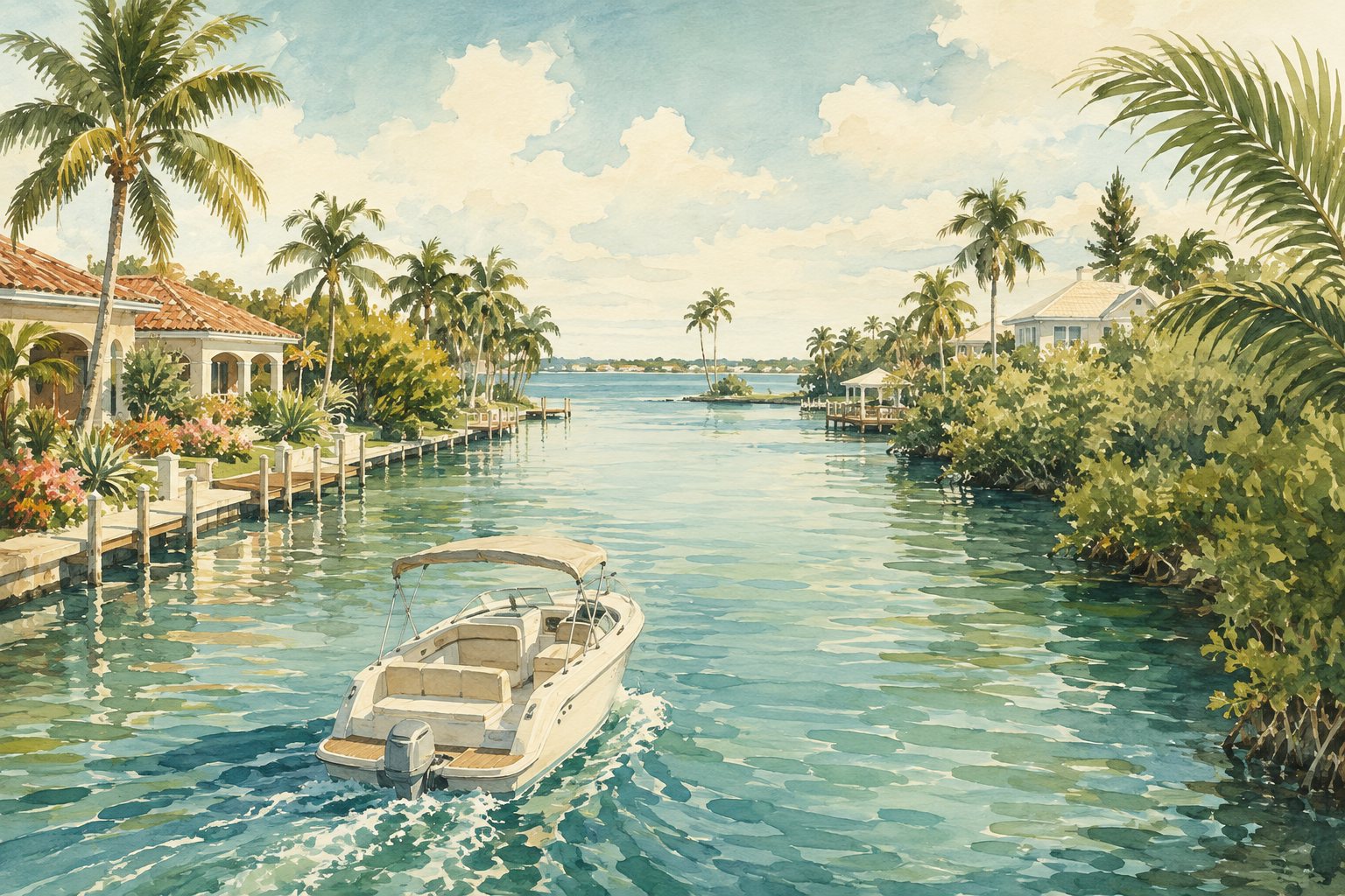 Illustration einer entspannten Bootsfahrt durch palmengesäumte Kanäle in Florida