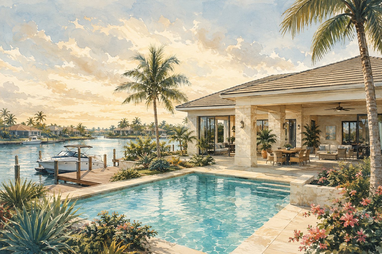 Illustration einer Ferienvilla mit Pool, Palmen und Bootsanleger in Cape Coral